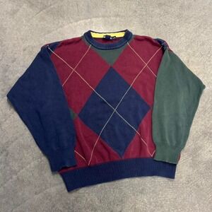 Vintage Nautica Argyle Sweater Preppy Knit Pullover Cotton Multi Color Large